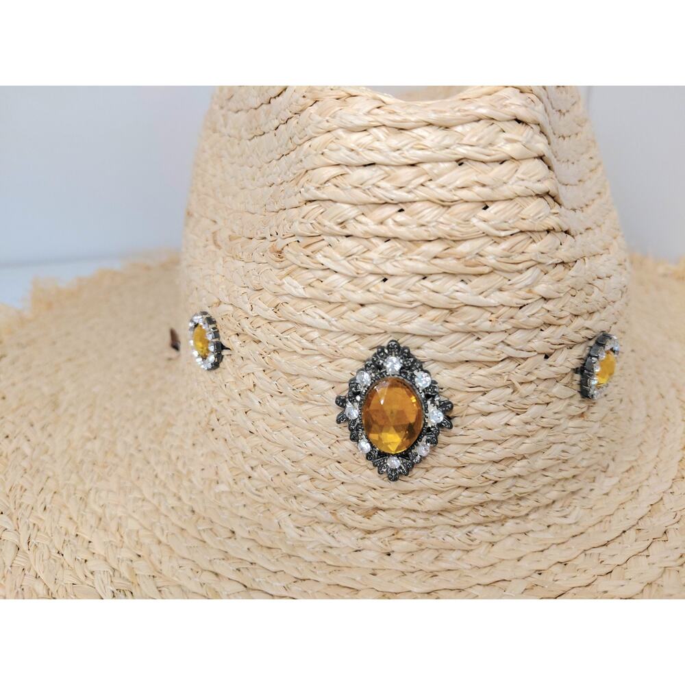 Steve Madden Embellished Straw Sun Hat Frayed Wide Brim Jeweled Boho Beach O/S - Picture 3 of 13
